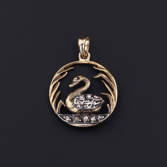 Antique Diamond Swan Pendant of 14k Gold