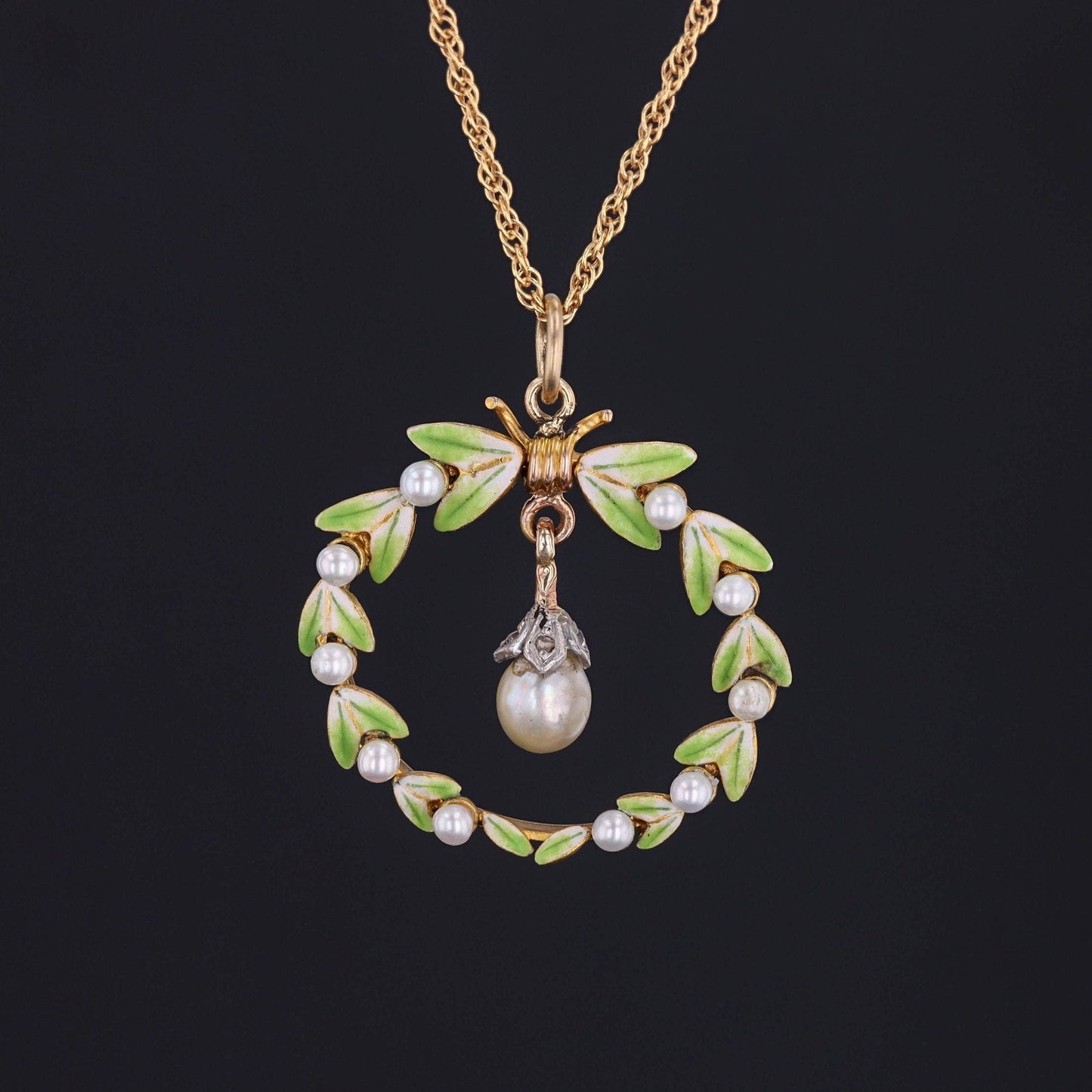 Antique Enamel and Pearl Conversion Pendant of 14k Gold