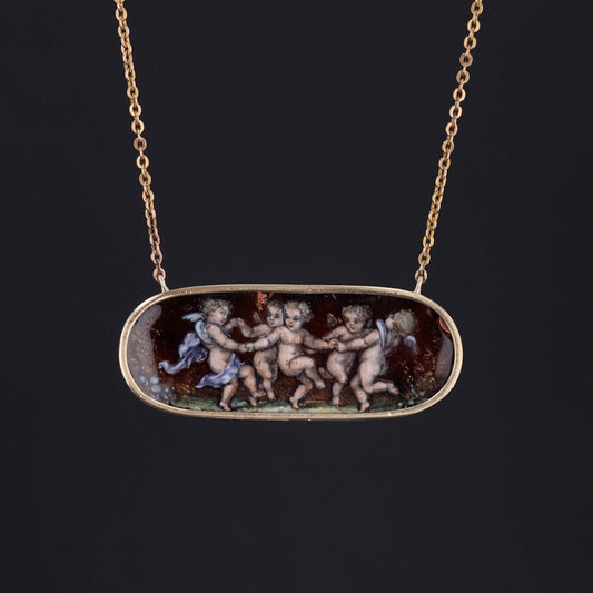 Antique Enamel Cherub Conversion Necklace of 14k Gold