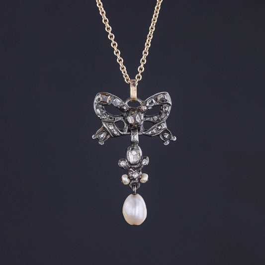 Antique Diamond and Pearl Bow Pendant