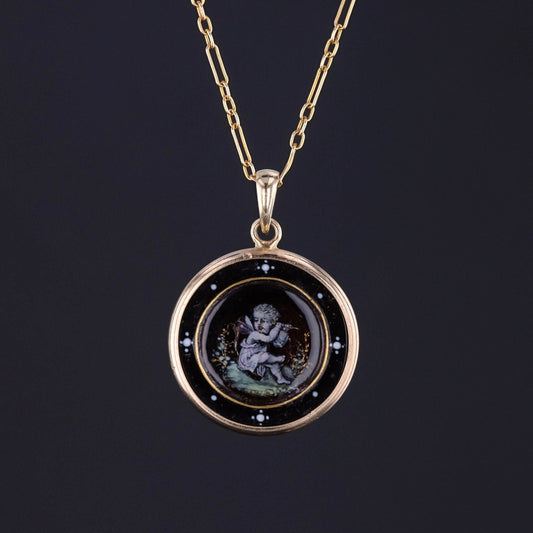 Antique Enamel Cherub Conversion Pendant of 14k Gold