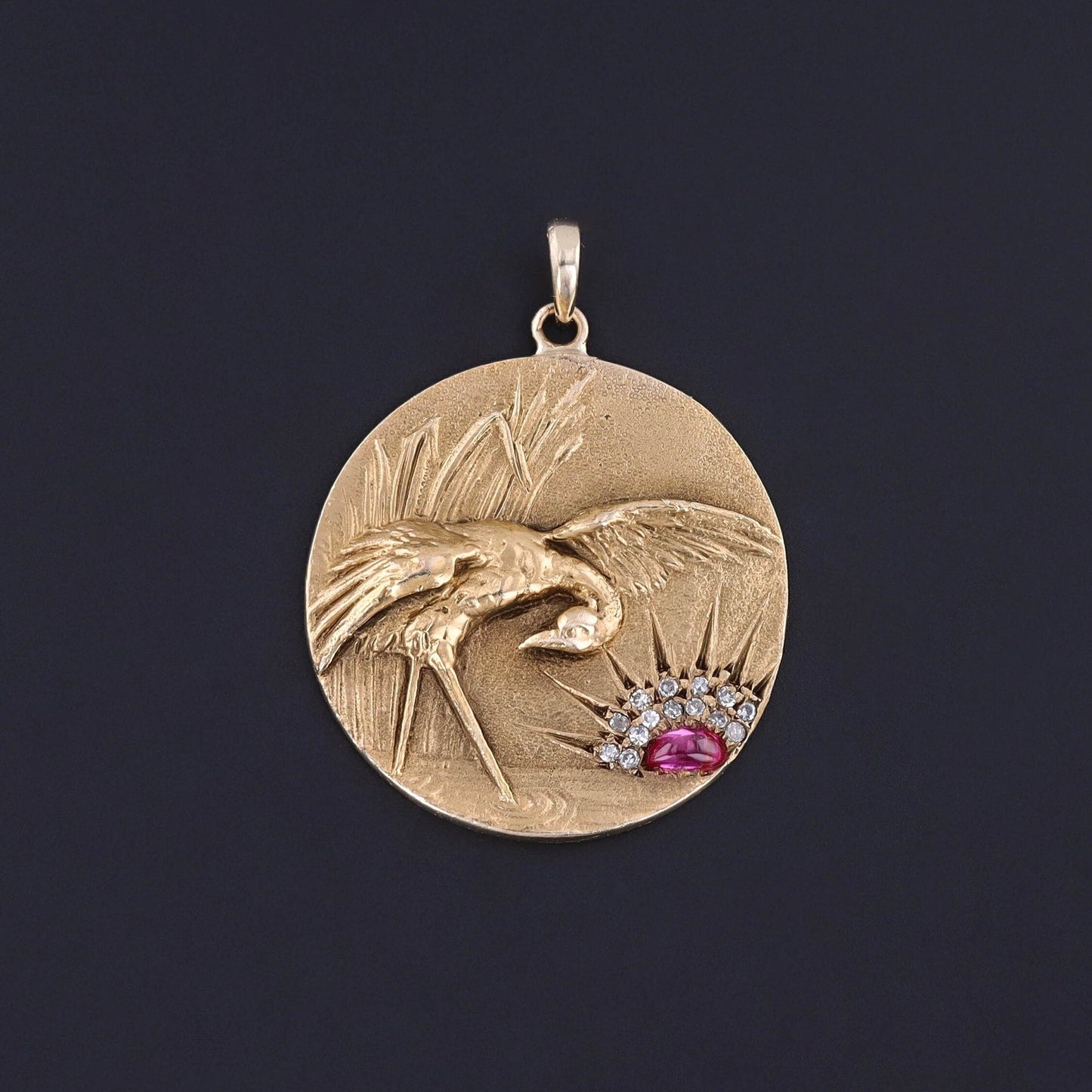 Antique Diamond and Ruby Crane Pendant of 14k Gold