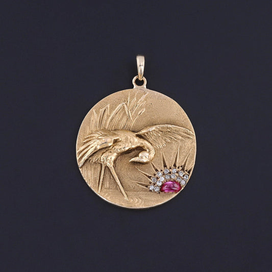 Antique Diamond and Ruby Crane Pendant of 14k Gold