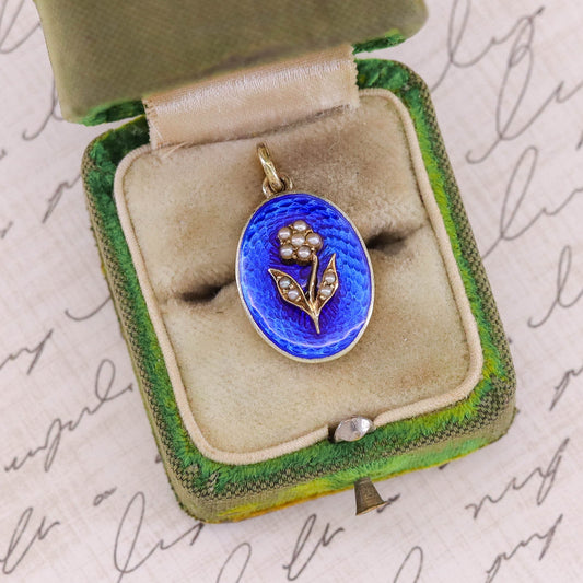 Antique Enamel and Pearl Flower Pendant of 14k Gold