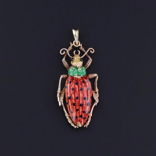 Antique Enamel Beetle Pendant of 14k Gold