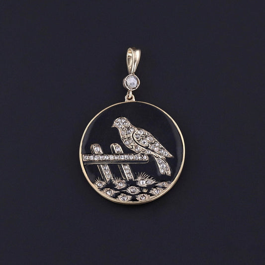 Antique Diamond & Enamel Bird Pendant of 14k Gold