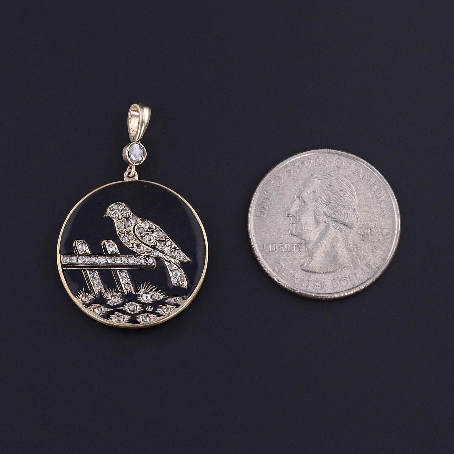Antique Diamond & Enamel Bird Pendant of 14k Gold