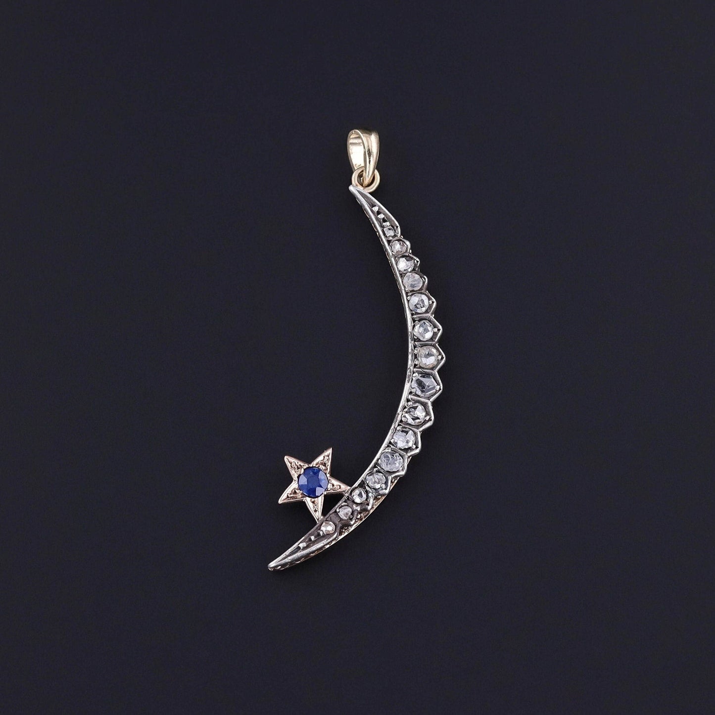 Antique Diamond & Sapphire Crescent Moon Pendant