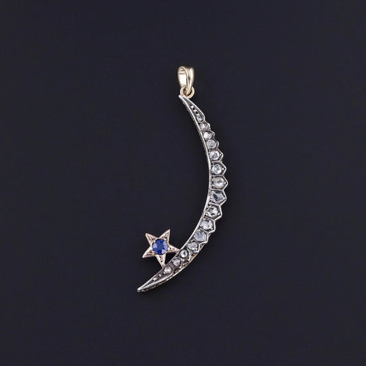 Antique Diamond & Sapphire Crescent Moon Pendant
