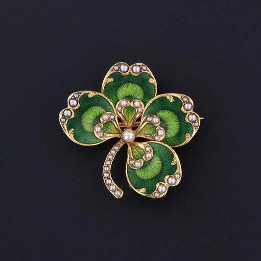Antique Enamel Clover Pendant Brooch of 14k Gold