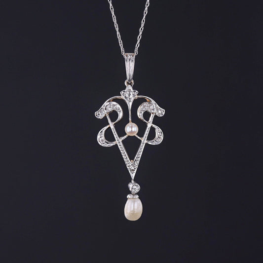 Antique Diamond and Pearl Lavalier Necklace of 14k Gold