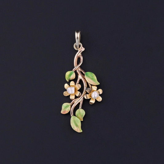 Antique Enamel and Pearl Flower Pendant of 10k Gold