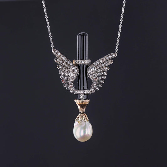Antique Diamond Wing, Onyx and Pearl Necklace of 14k White Gold