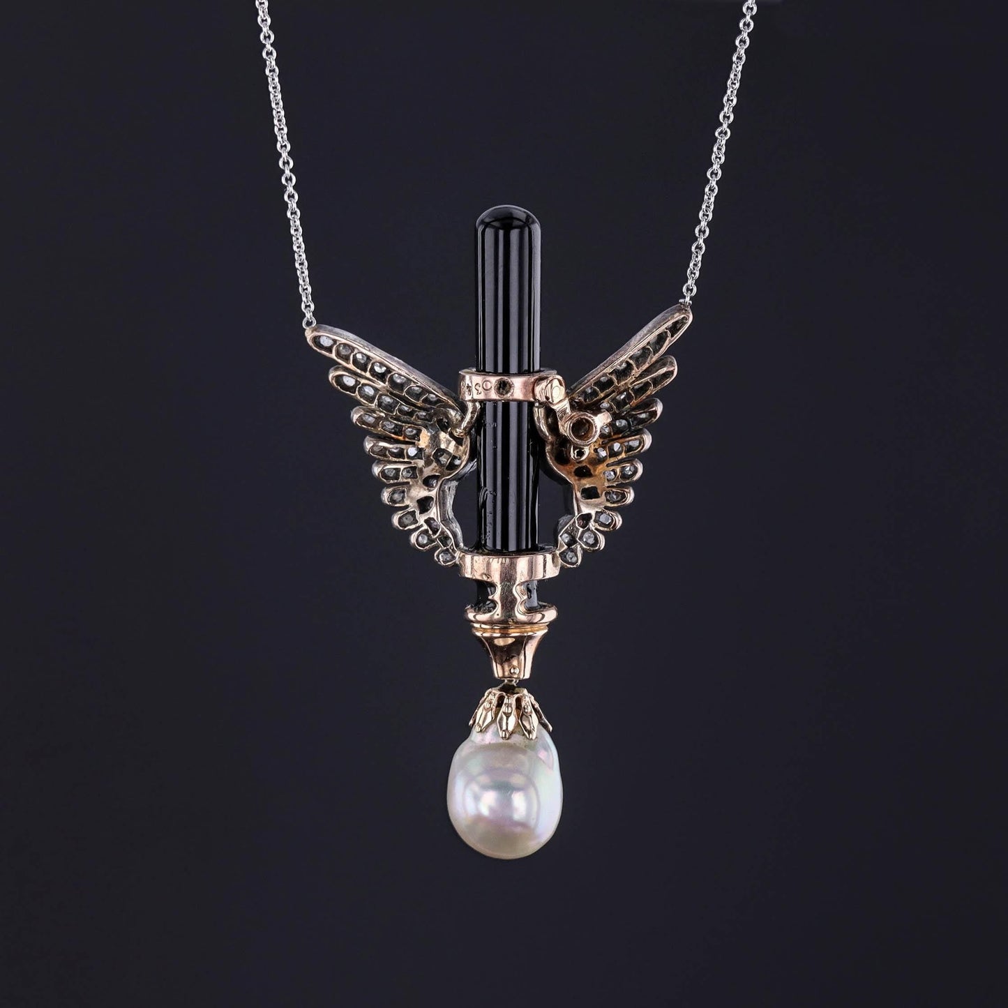 Antique Diamond Wing, Onyx and Pearl Necklace of 14k White Gold
