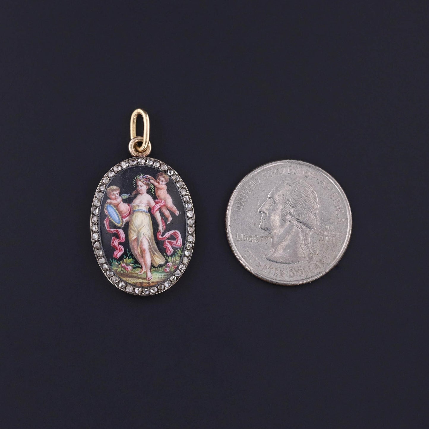 Antique Enamel and Diamond Cherub Pendant of 18k Gold