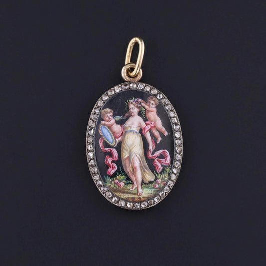 Antique Enamel and Diamond Cherub Pendant of 18k Gold
