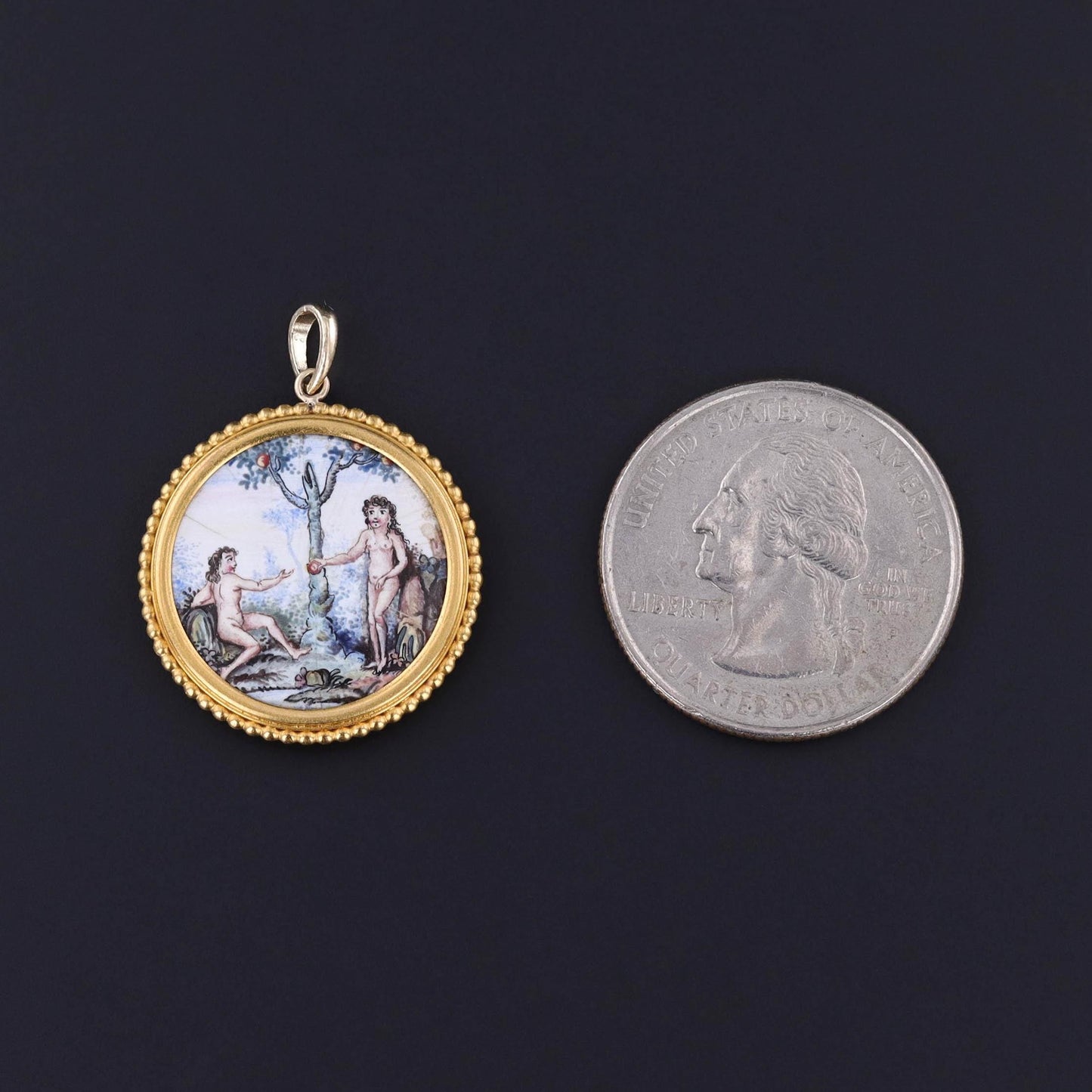 Antique Enamel Adam and Eve Pendant of 14k Gold
